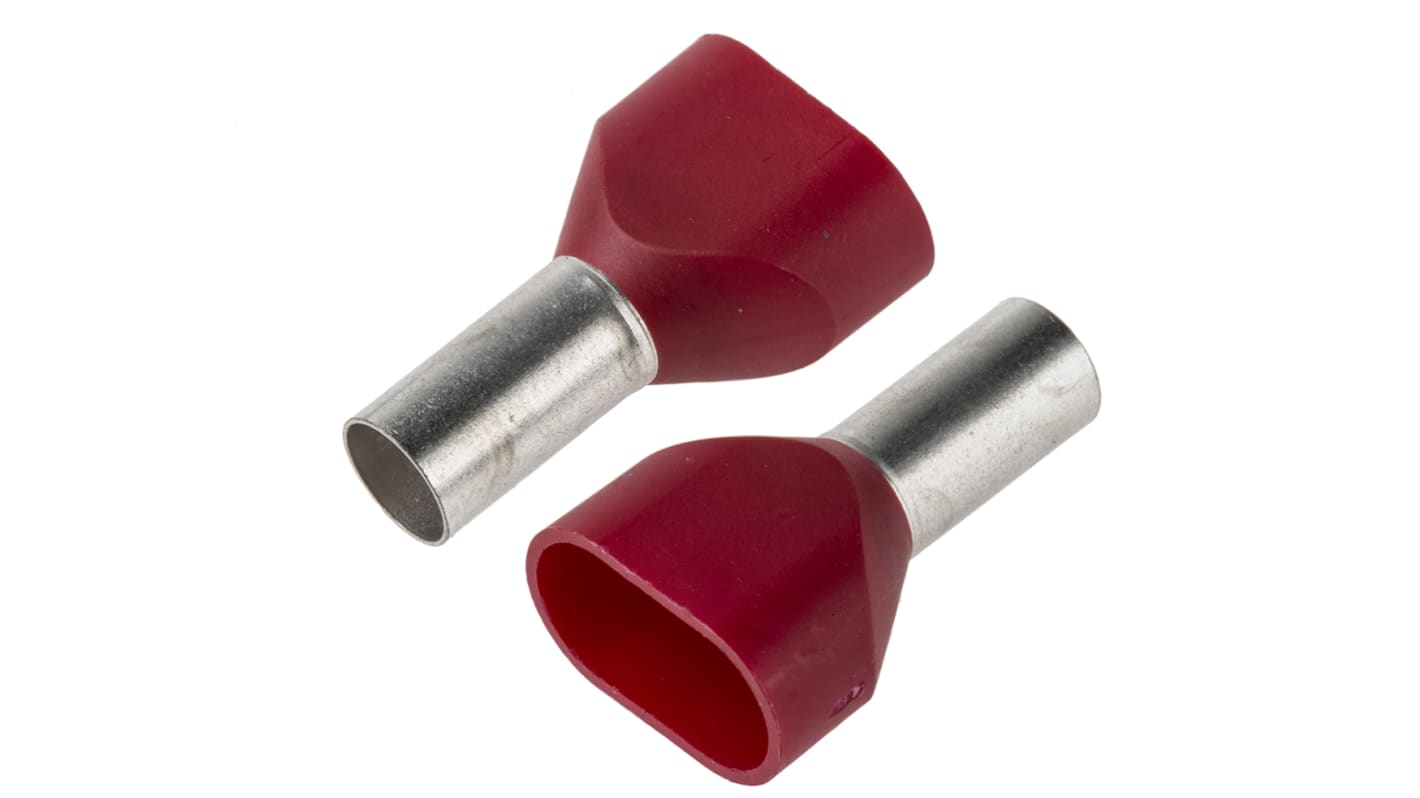 JST, TWE Insulated Crimp Bootlace Ferrule, 12mm Pin Length, 5.8mm Pin Diameter, 2 x 10mm² Wire Size, Red