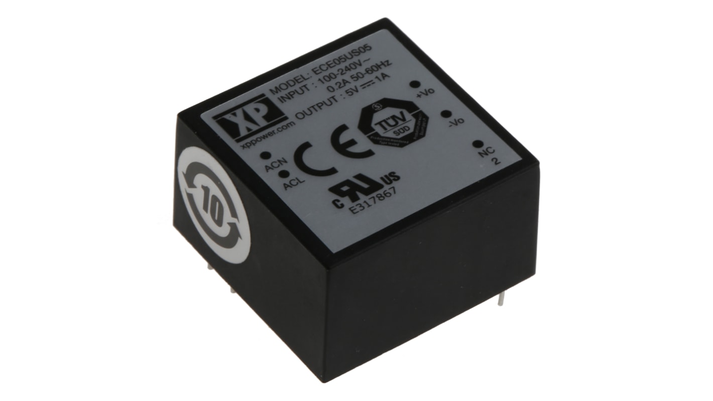 XP Power Switching Power Supply, ECE05US05, 5V dc, 1A, 5W, 1 Output, 120 → 370 V dc, 85 → 264 V ac Input