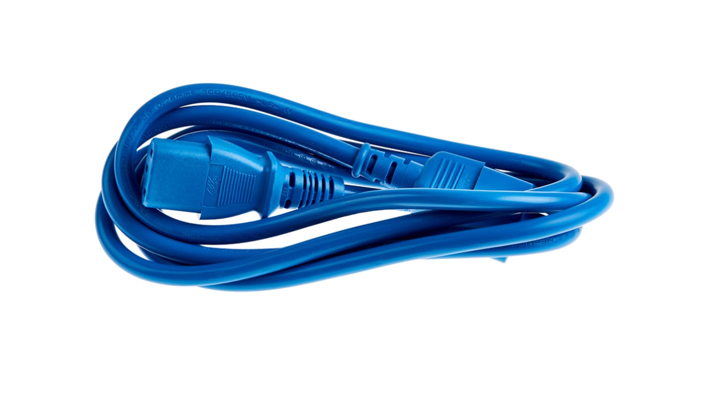 Cable de alimentación RS PRO Azul de 2m, con. A IEC C13, hembra, con. B IEC C14, macho