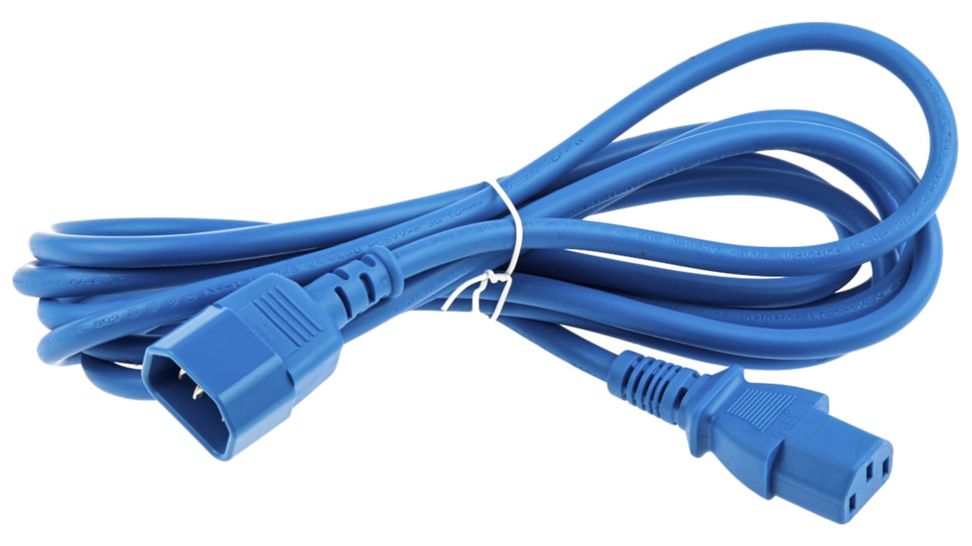 Cable de alimentación RS PRO Azul de 3m, con. A IEC C13, hembra, con. B IEC C14, macho