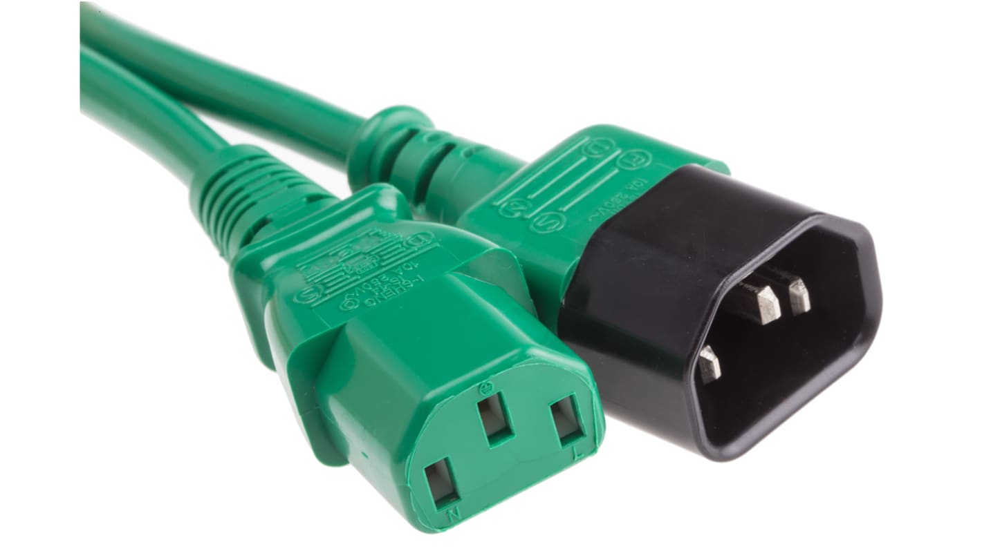 Cable de alimentación RS PRO Verde de 2m, con. A IEC C13, hembra, con. B IEC C14, macho