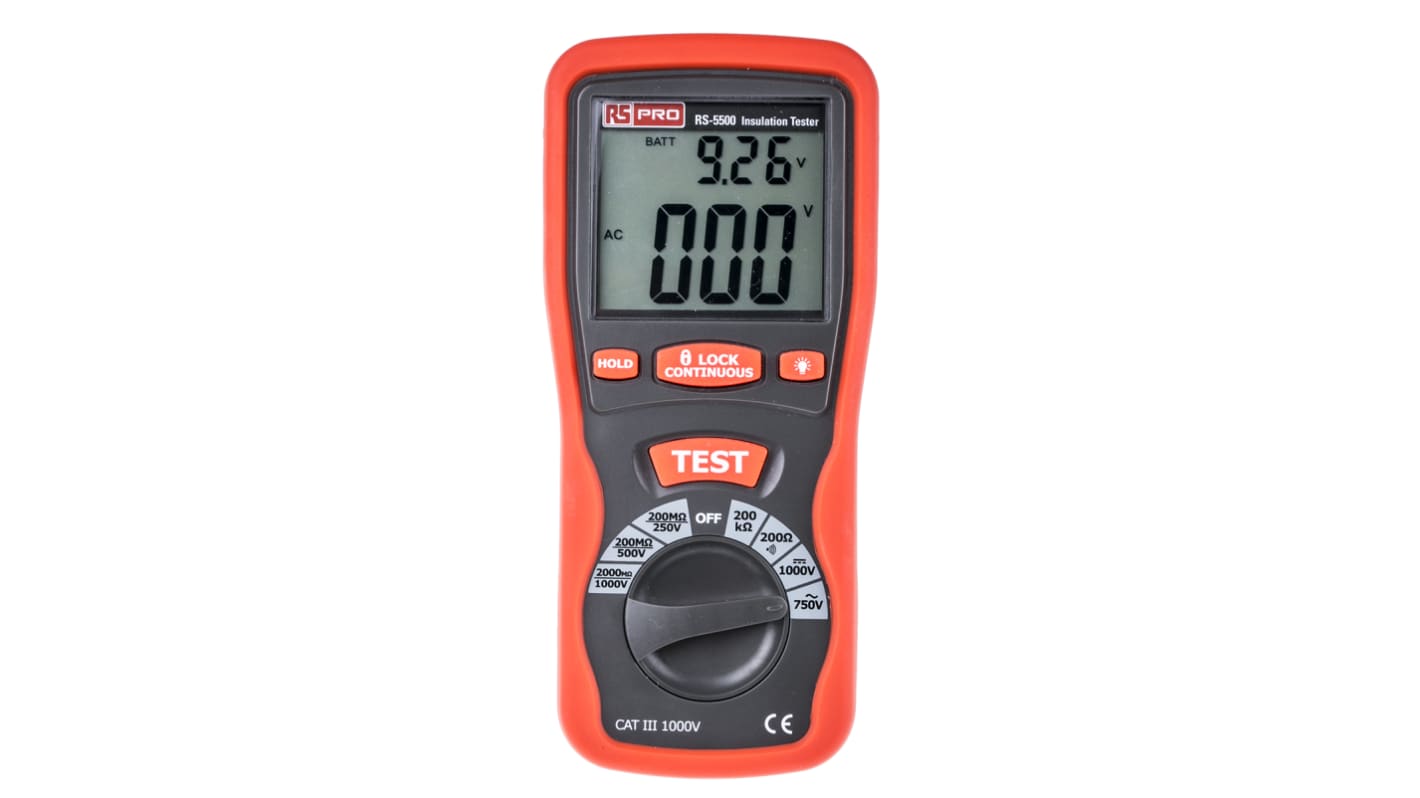 RS PRO RS5500 Insulation Tester, 250V Min, 1000V Max, 2000MΩ Max, CAT III 1000V - RS Calibration