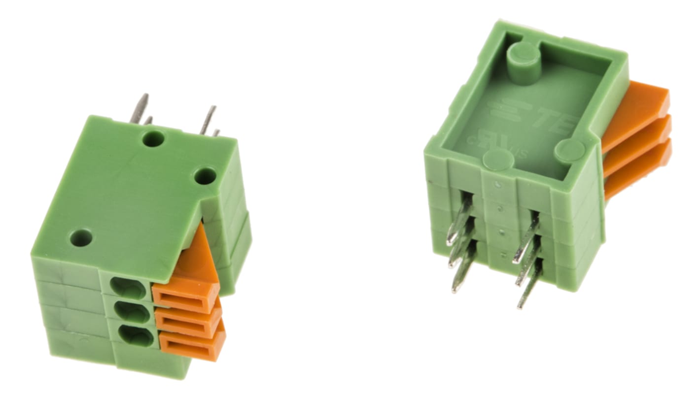Borne para PCB Hembra TE Connectivity de 3 vías , paso 2.54mm, 6A, de color Verde, montaje Montaje en orificio pasante,
