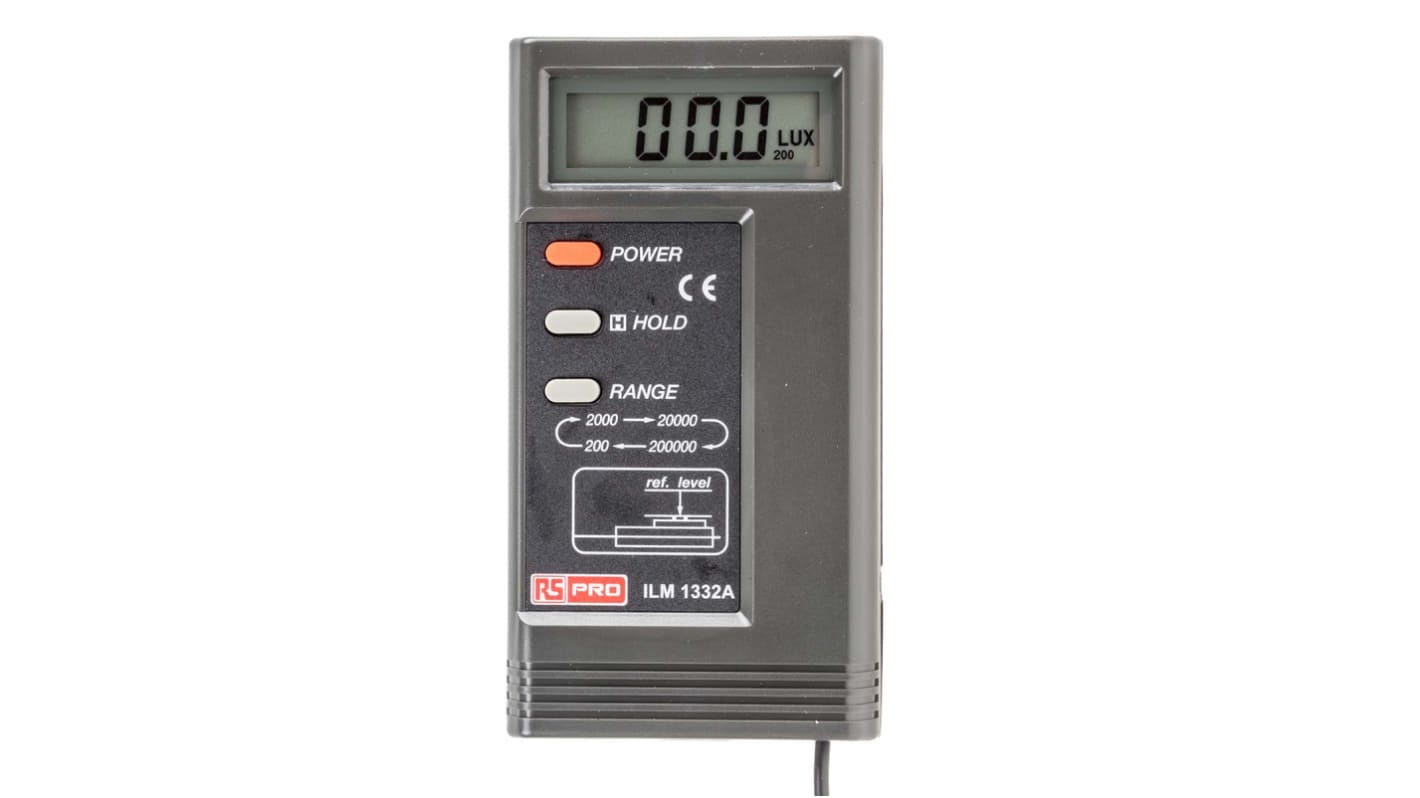 RS PRO Fénymérő 200000lx 0.01lx ±3% 0,1 lx Fotodióda 200 óra 9 V Akkumulátor 250g Pontos, adattartás, azonnali válasz