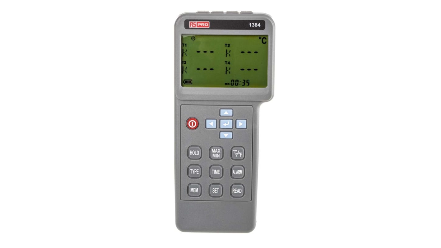 RS PRO Datalogger med B, C, E, J, K, L, N, R, S, T, U føler 4 Input kanaler