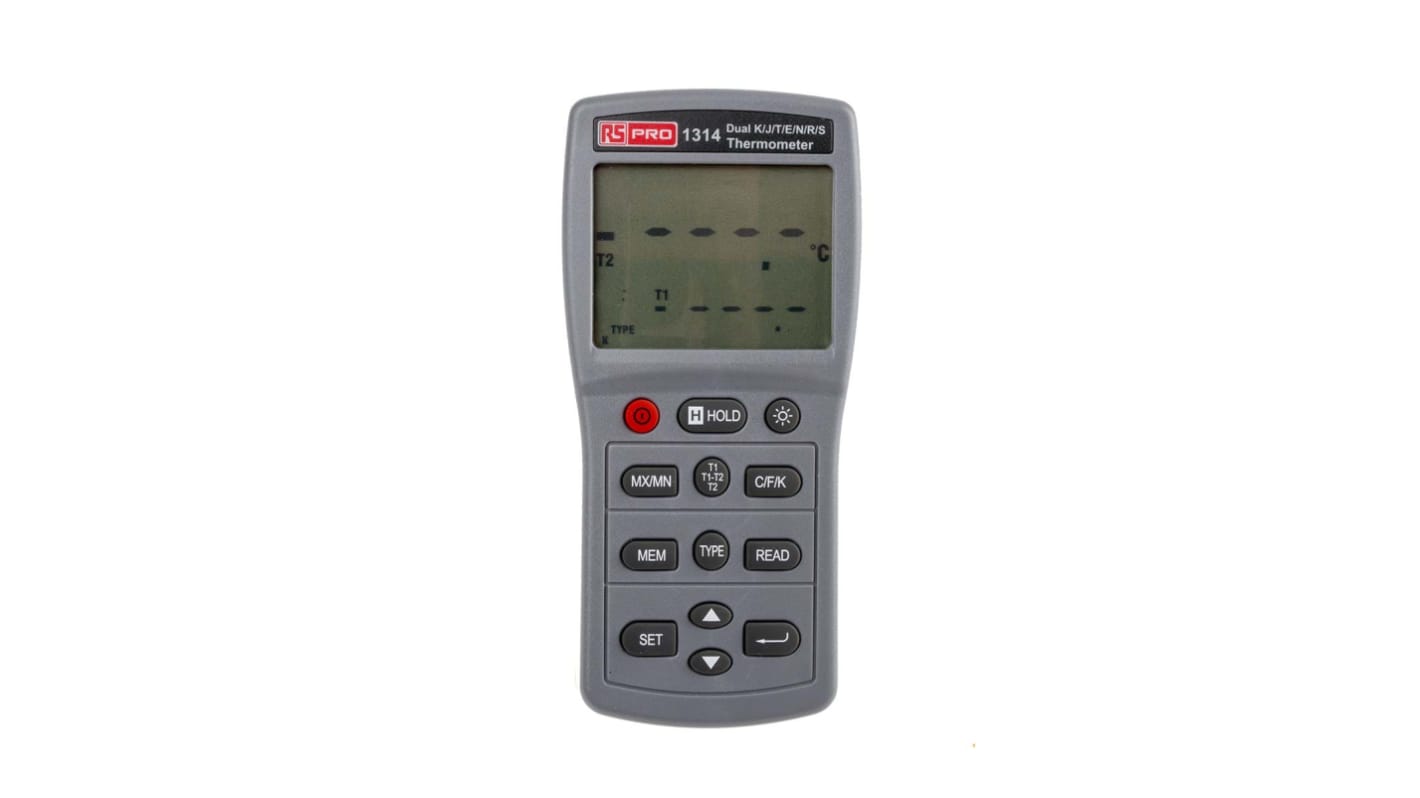 RS PRO 1314 Digitalt termometer, 2 Kanaler, Ledningsforbundet, E, J, K, N, R, S, T, RSCAL kalibreret