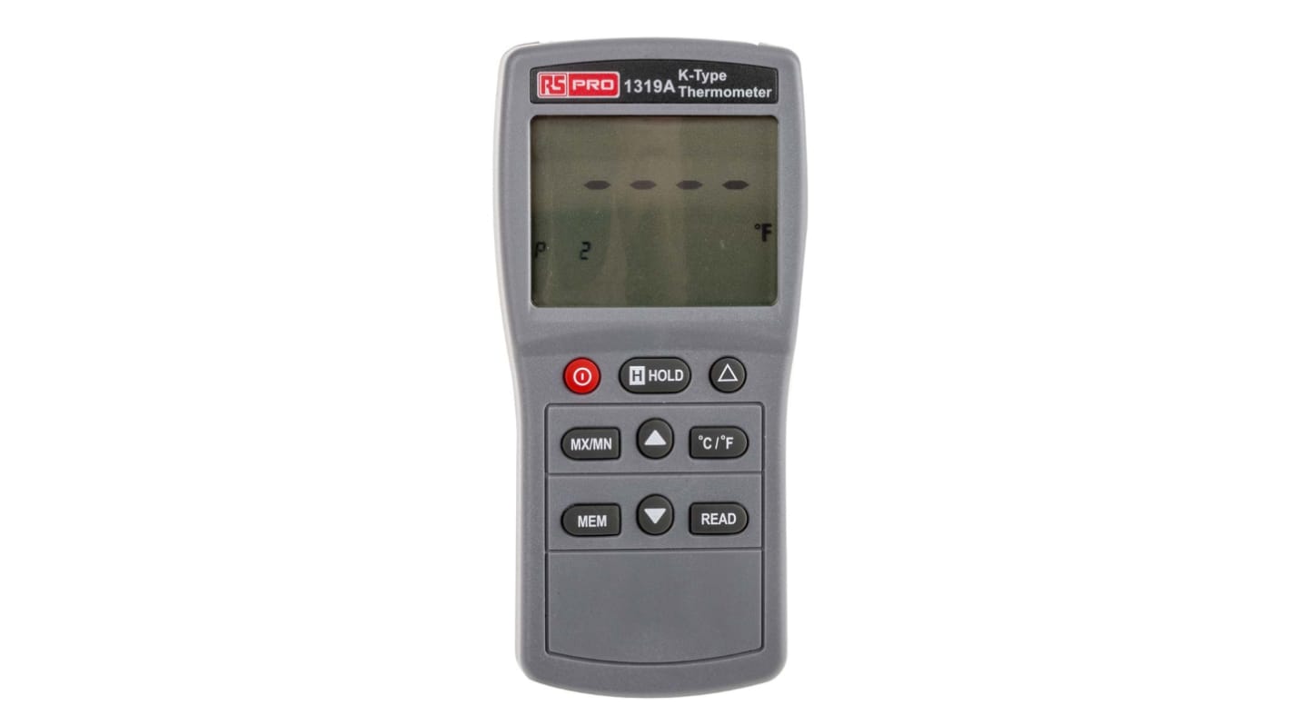 RS PRO 1319A Wired Digital Thermometer, K Probe, 1 Input(s), +1300 °C, +1999°F Max, 0.3 % ± 1 °C, 0.3 % ± 2 °F Accuracy