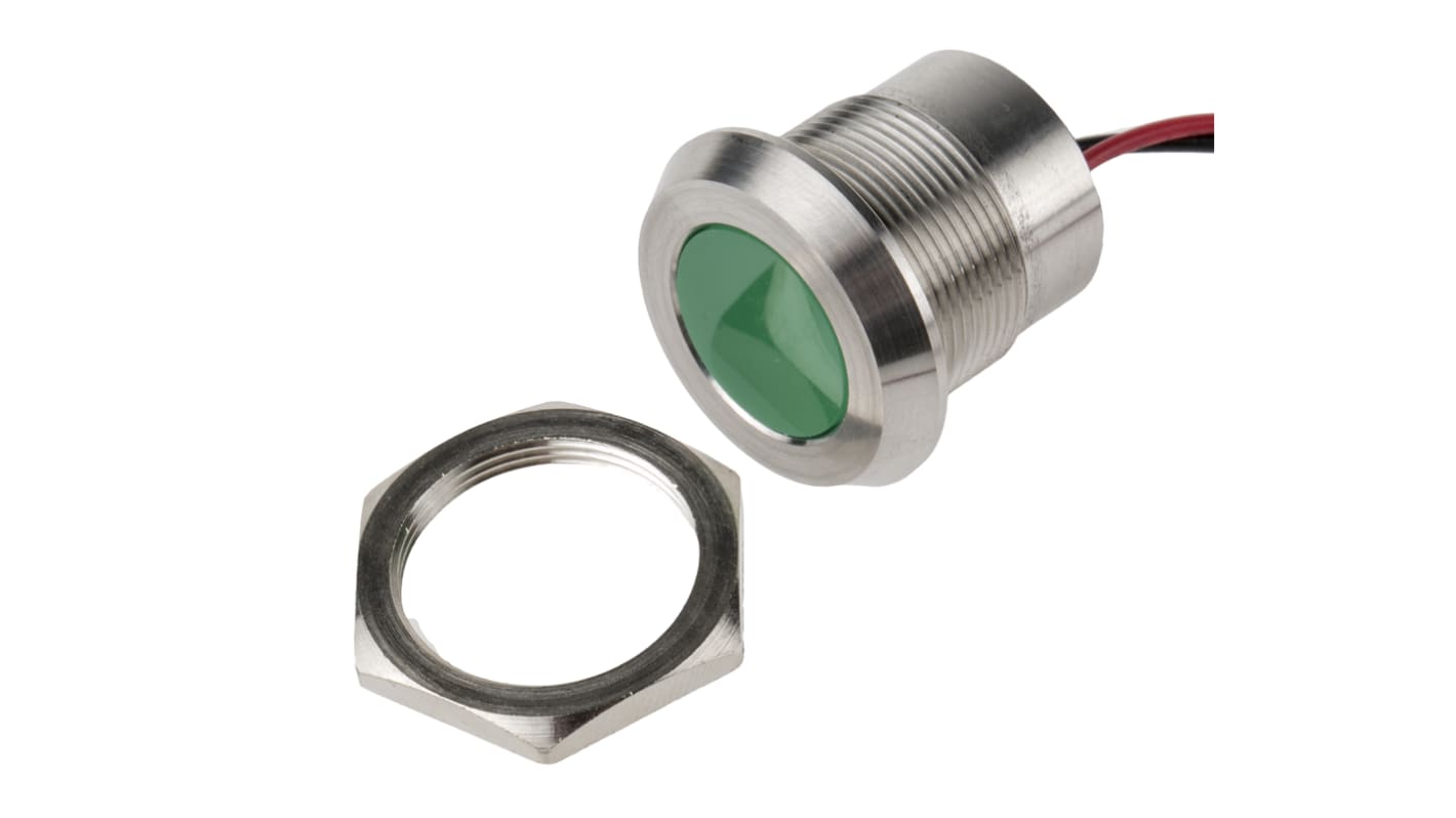 RS PRO Green Panel Mount Indicator, 12V dc, 22mm Mounting Hole Size, Lead Wires Termination, IP67