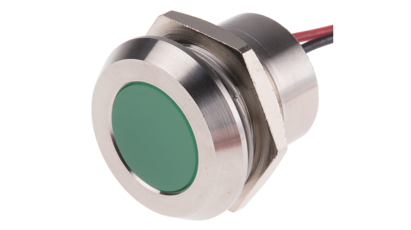 RS PRO Green Panel Mount Indicator, 28V dc, 22mm Mounting Hole Size, Lead Wires Termination, IP67