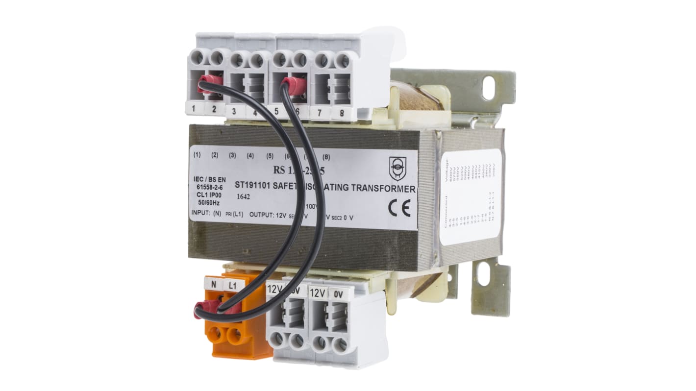 DIN-skinnetransformer, 100VA, Primær: 208V ac, Sekundær: 2x12V ac, 84 x 86 x 95mm