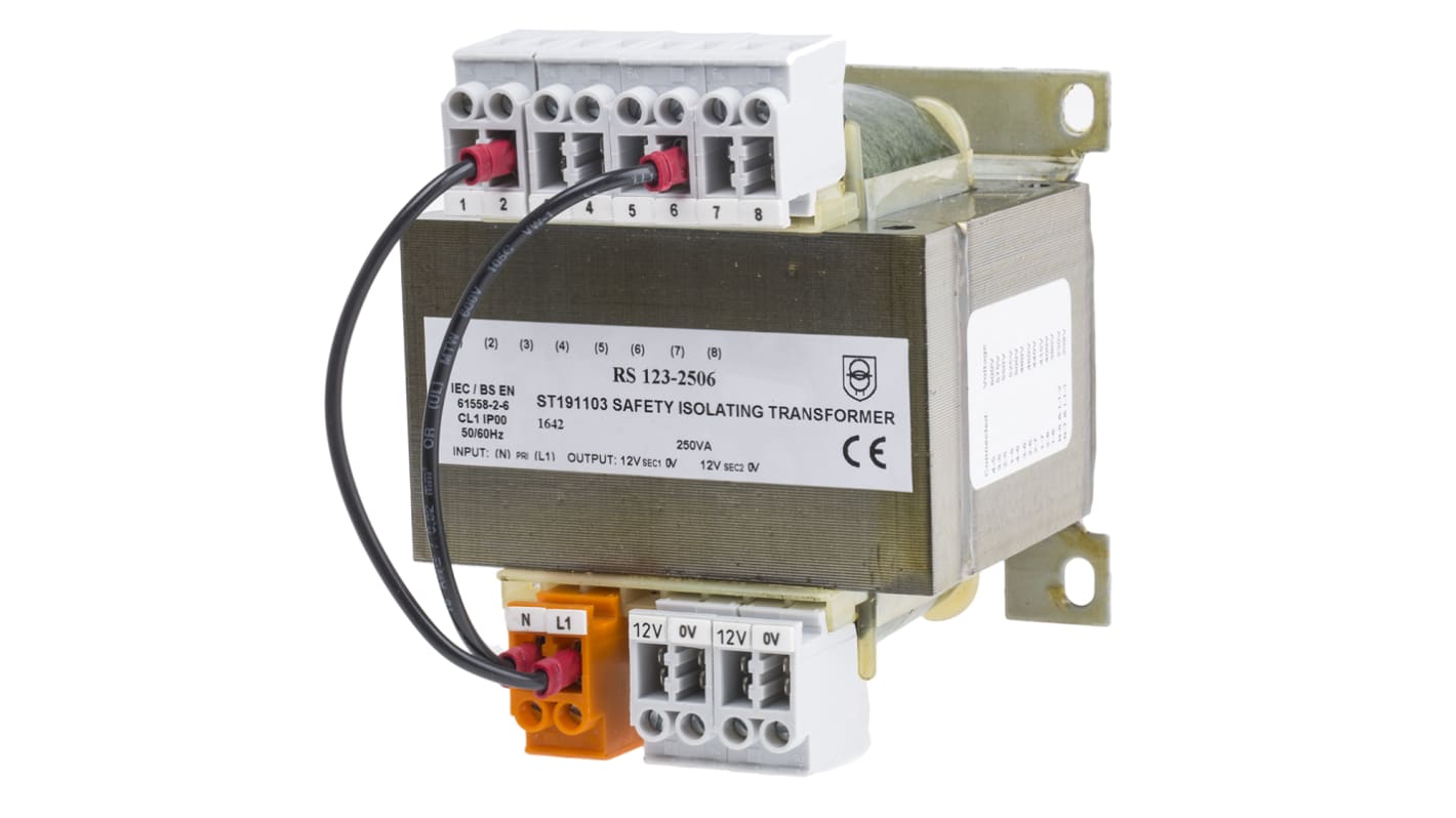 RS PRO 250VA DIN Rail Transformer, IEC 61558-2-6, 208V ac Primary, 2 x 12V ac Secondary