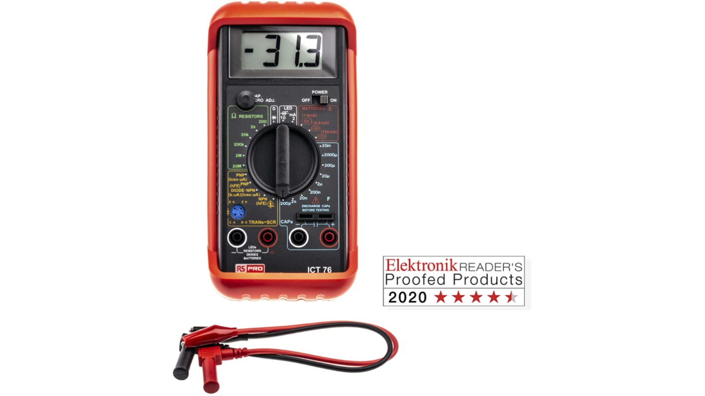 RS PRO ICT76 Bauteilprüfgerät 100mΩ 0.1pF Bauelement, IC LCD Batterie 9 V