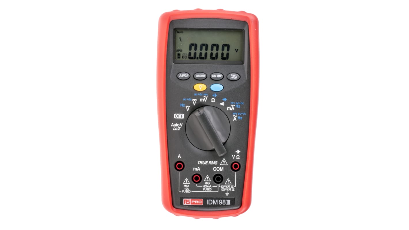 RS PRO IDM98III Handheld LCD Digital Multimeter, True RMS, 10A ac Max, 10A dc Max, 1000V ac Max