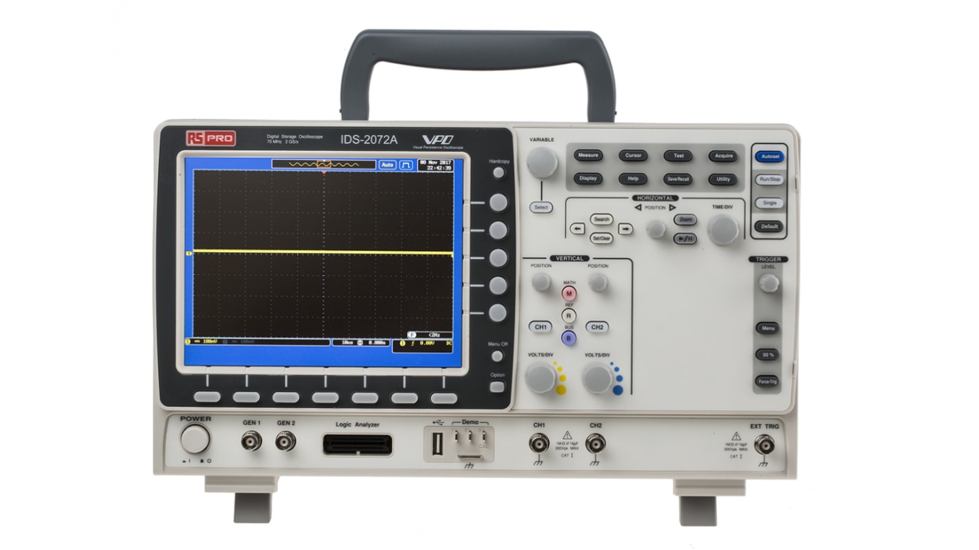 Osciloscopio de banco RS PRO IDS2072A, canales:2 A, 70MHZ, pantalla de 8plg, interfaz CAN, LIN, RS232, USB, Europa, UK