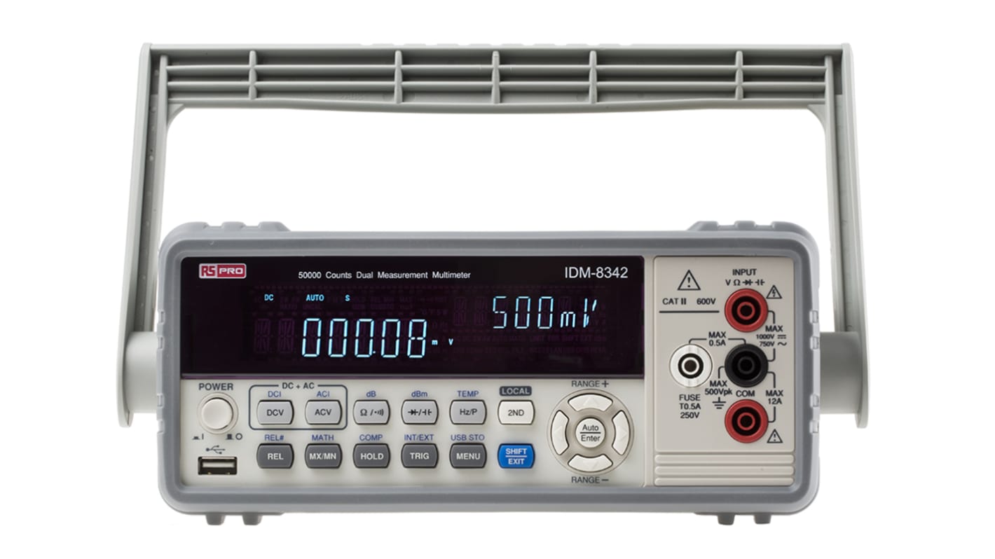 Multímetro de banco RS PRO IDM8342, calibrado UKAS, 750V ac/1000V dc, 10A ac/10A dc, TRMS, CAT II, CAT III, CAT IV