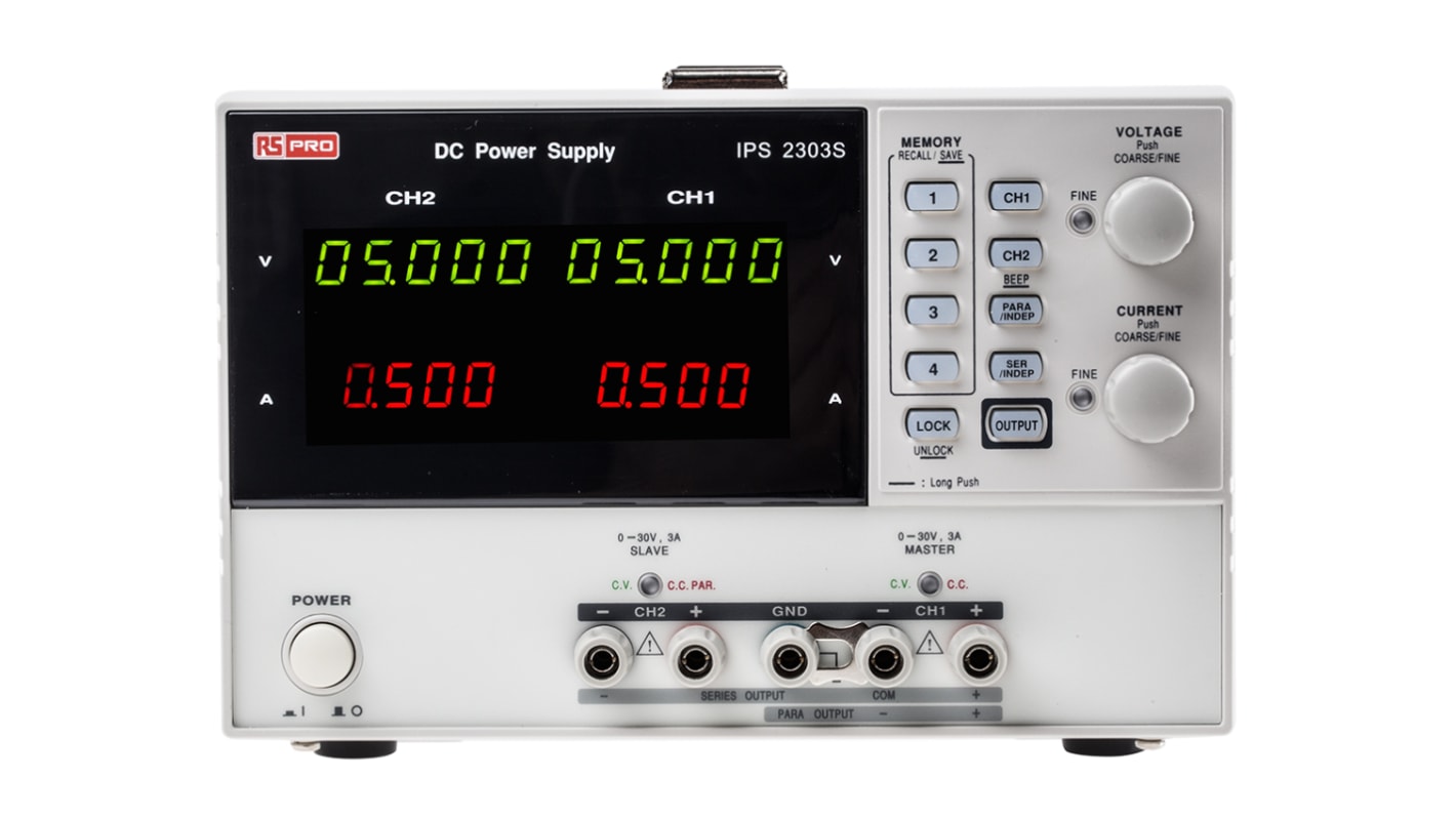 Fuente de alimentación RS PRO, calibrado RS, 2 salidas, 2 x 0 → 30V, 2 x 0 → 3A, 180W