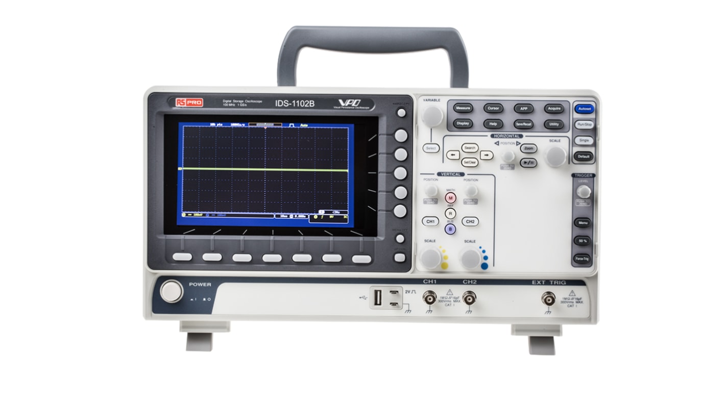 Osciloscopio Portátil RS PRO IDS1102B, calibrado UKAS, canales:2 A, 100MHZ, pantalla de 7plg, interfaz USB, enchufe UK