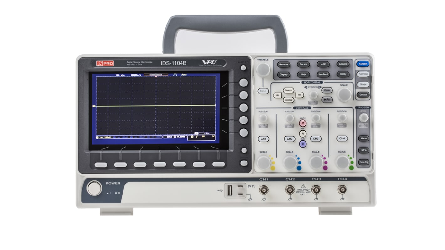 Osciloscopio Portátil RS PRO IDS1104B, calibrado RS, canales:4 A, 100MHZ, pantalla de 7plg, interfaz USB, enchufe UK