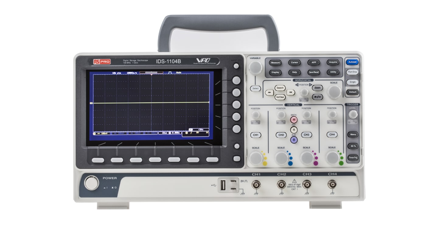 Osciloscopio Portátil RS PRO IDS1104B, calibrado UKAS, canales:4 A, 100MHZ, pantalla de 7plg, interfaz USB, enchufe UK