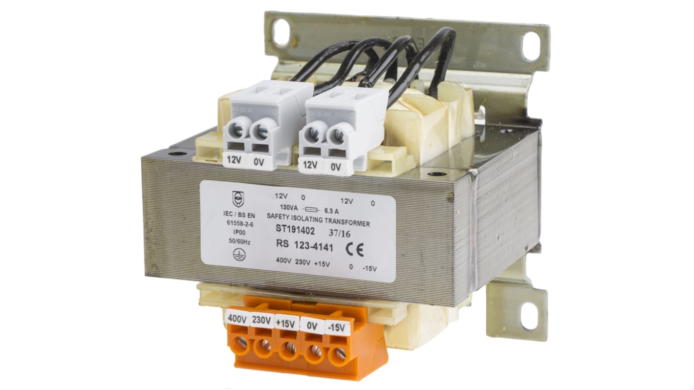 DIN-skinnetransformer, 130VA, Primær: 230 → 400V ac, Sekundær: 2 x 12V ac