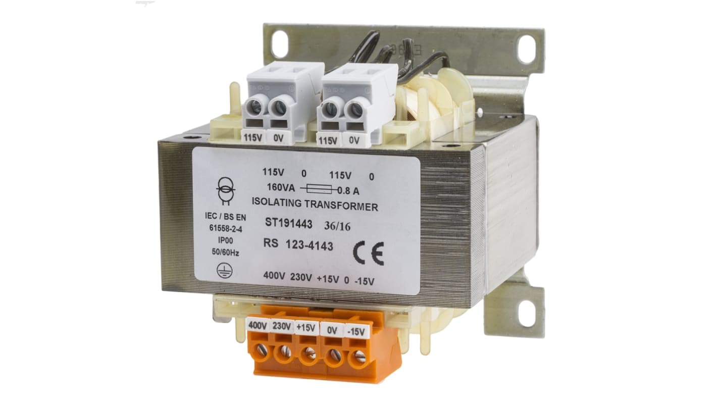 RS PRO 160VA DIN Rail Transformer, 230 → 400V ac Primary, 2 x 115V ac ...
