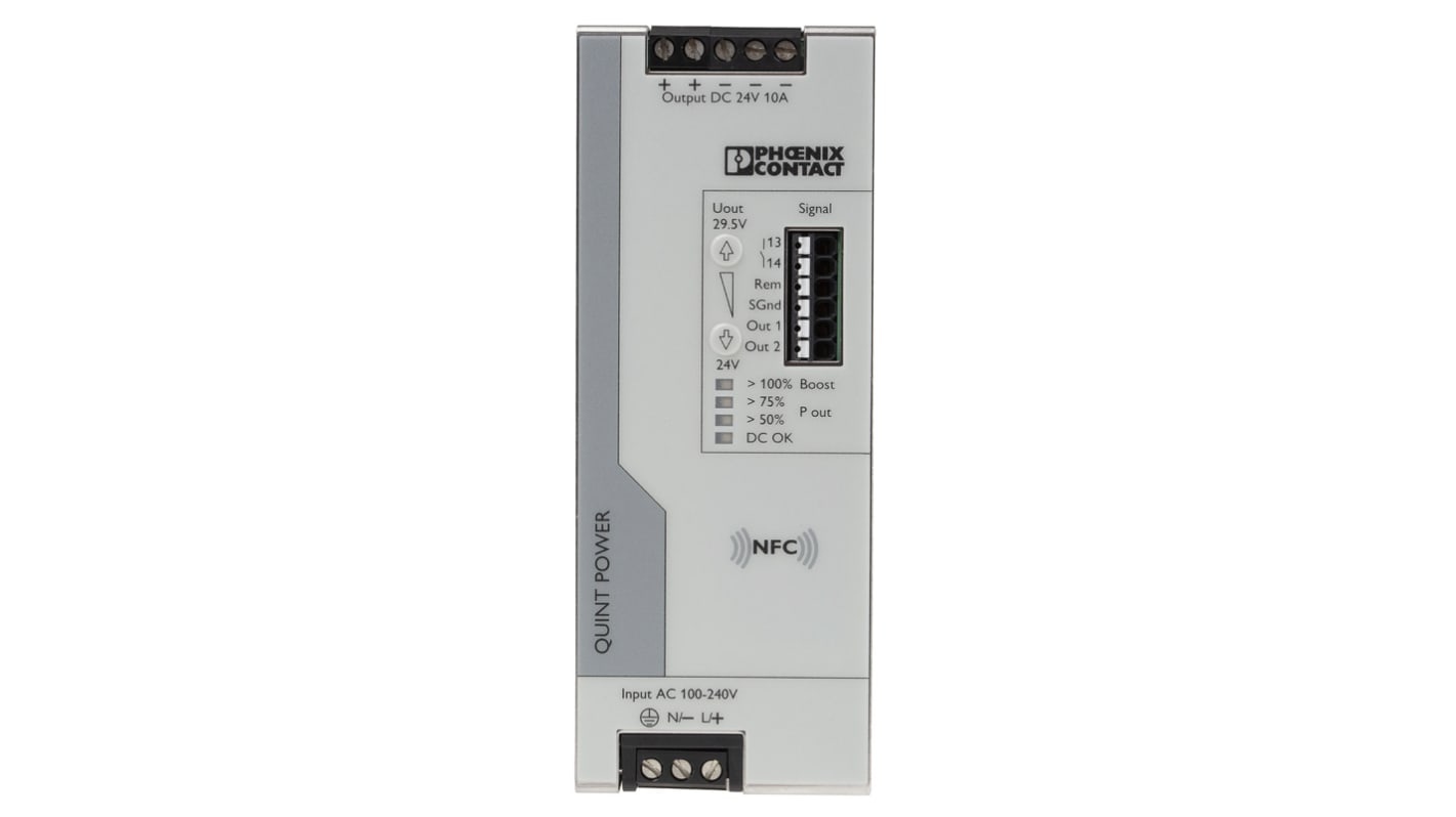 Phoenix Contact QUINT4-PS/1AC/24DC/10 Switched Mode DIN Rail Power Supply, 230V ac ac Input, 24V dc dc Output, 10A