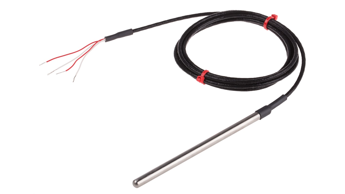 Sensor RTD PT100 RS PRO de 4 hilos, sonda: Ø 6mm, long. 125mm, cable de 2m, temp. -50°C → +250°C