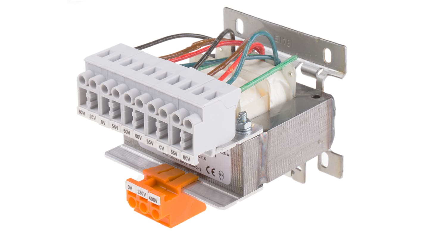 DIN-skinnetransformer, 63VA, Primær: 230 → 400V ac, Sekundær: 4 x 0-55-60V ac