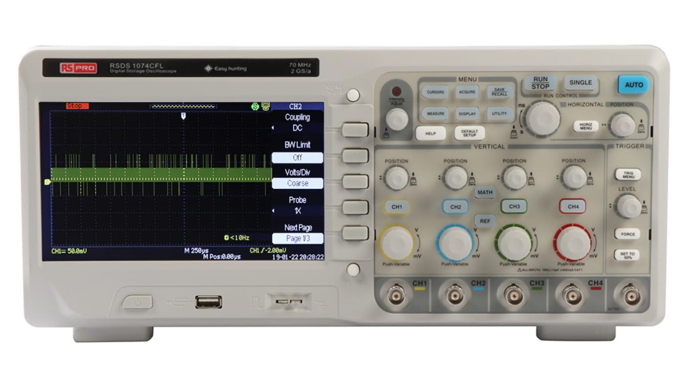 Osciloscopio de banco RS PRO RSDS1074CFL, canales:4 A, 70MHZ, pantalla de 7plg, interfaz USB