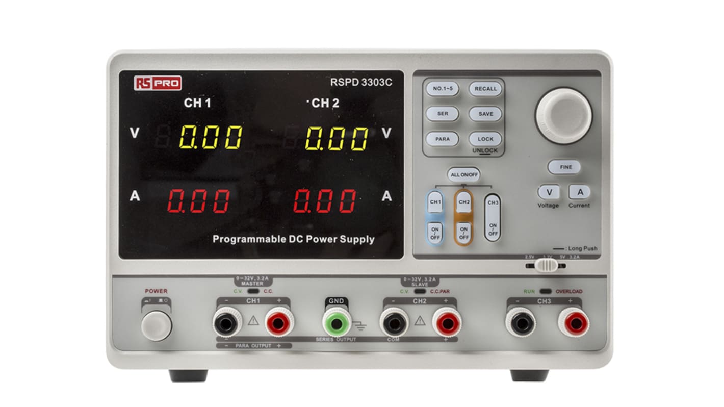 RS PRO Laboratoriestrømforsyning, 3 Udgange, 2 x 0 → 32V, 3.2A, 220W, RSCAL kalibreret