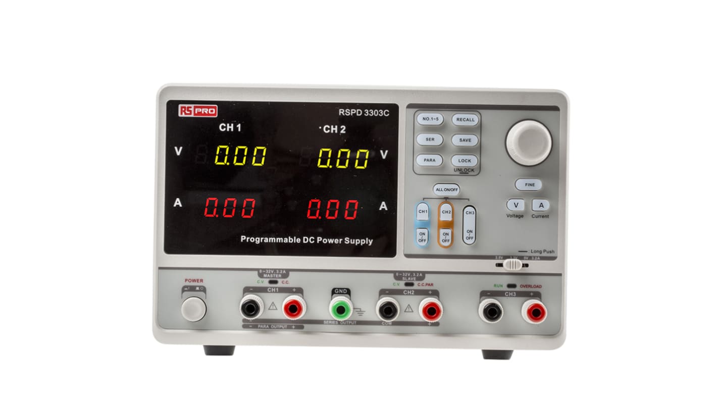 Fuente de alimentación RS PRO, calibrado UKAS, 3 salidas, 2 x 0 → 32V, 3.2A, 220W