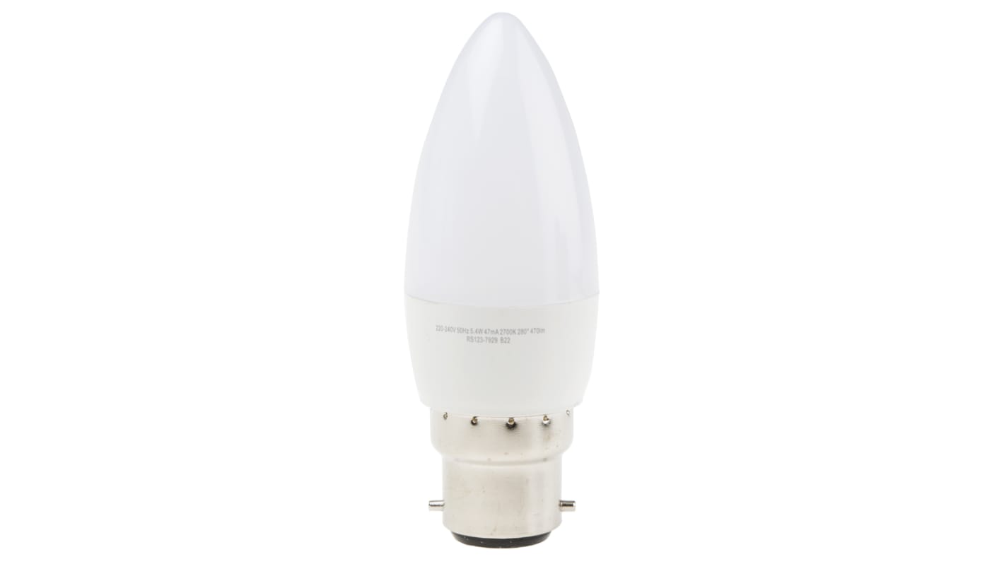 RS PRO B22 GLS LED Candle Bulb 5.4 W(40W), 2700K, Warm White, Candle shape