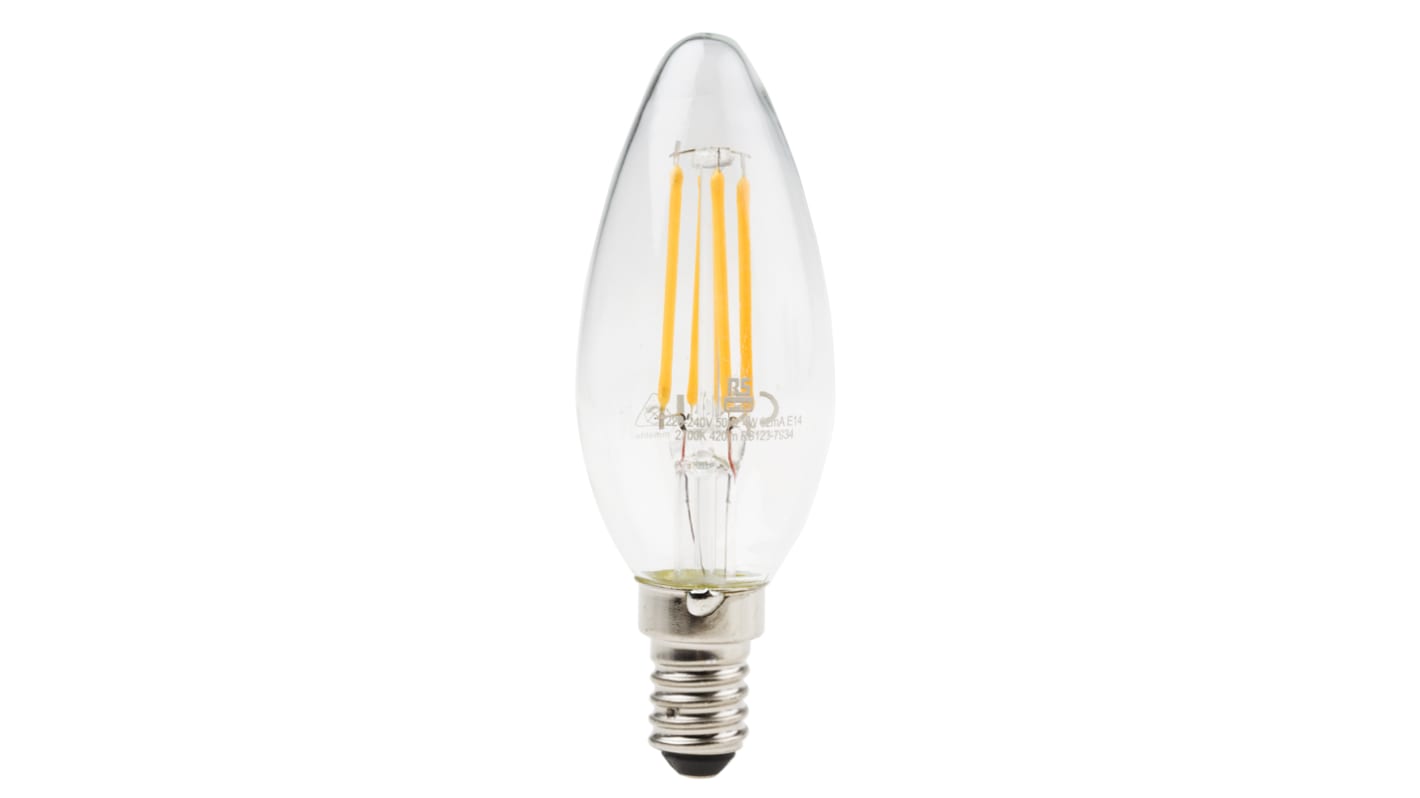 RS PRO E14 GLS LED Candle Bulb 4 W(36W), 2700K, Warm White, Candle shape