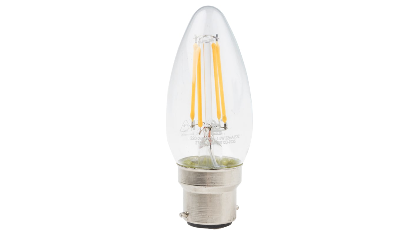 Lámpara LED de vela en forma de vela RS PRO, 240 V, 4,5 W, casquillo B22, regulable, Blanco Cálido, 2700K, 470 lm,