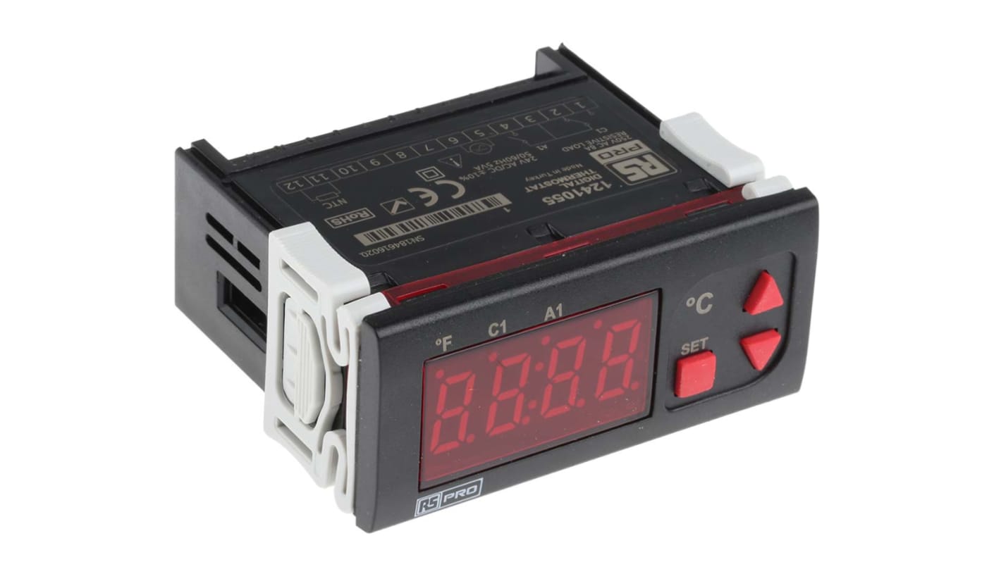 Controlador de temperatura ON/OFF RS PRO, 77 x 35mm, 24 V ac / dc, 1 entrada NTC, 2 salidas Relé