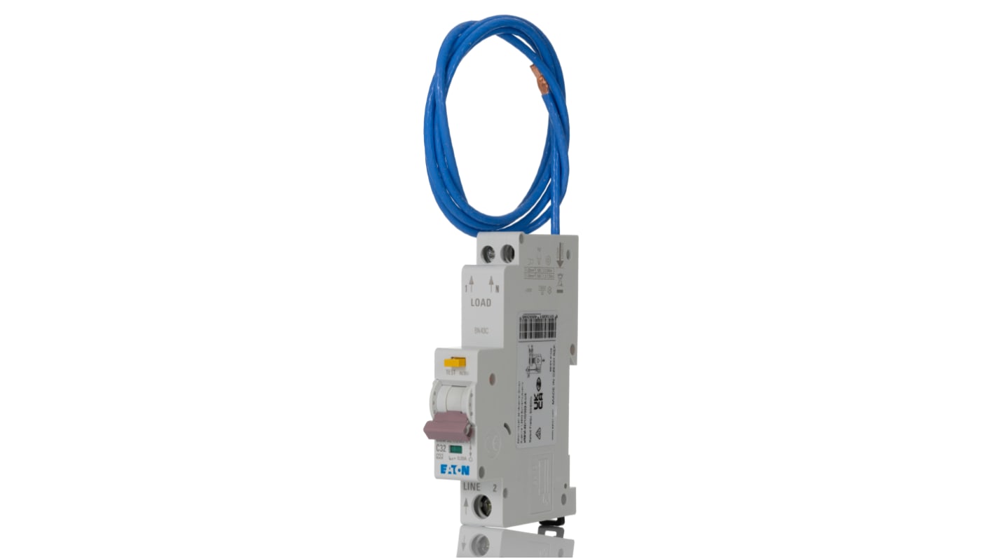 Eaton RCBO, 32A Current Rating, 1P Poles, 30mA Trip Sensitivity, Type C, MEMShield Range