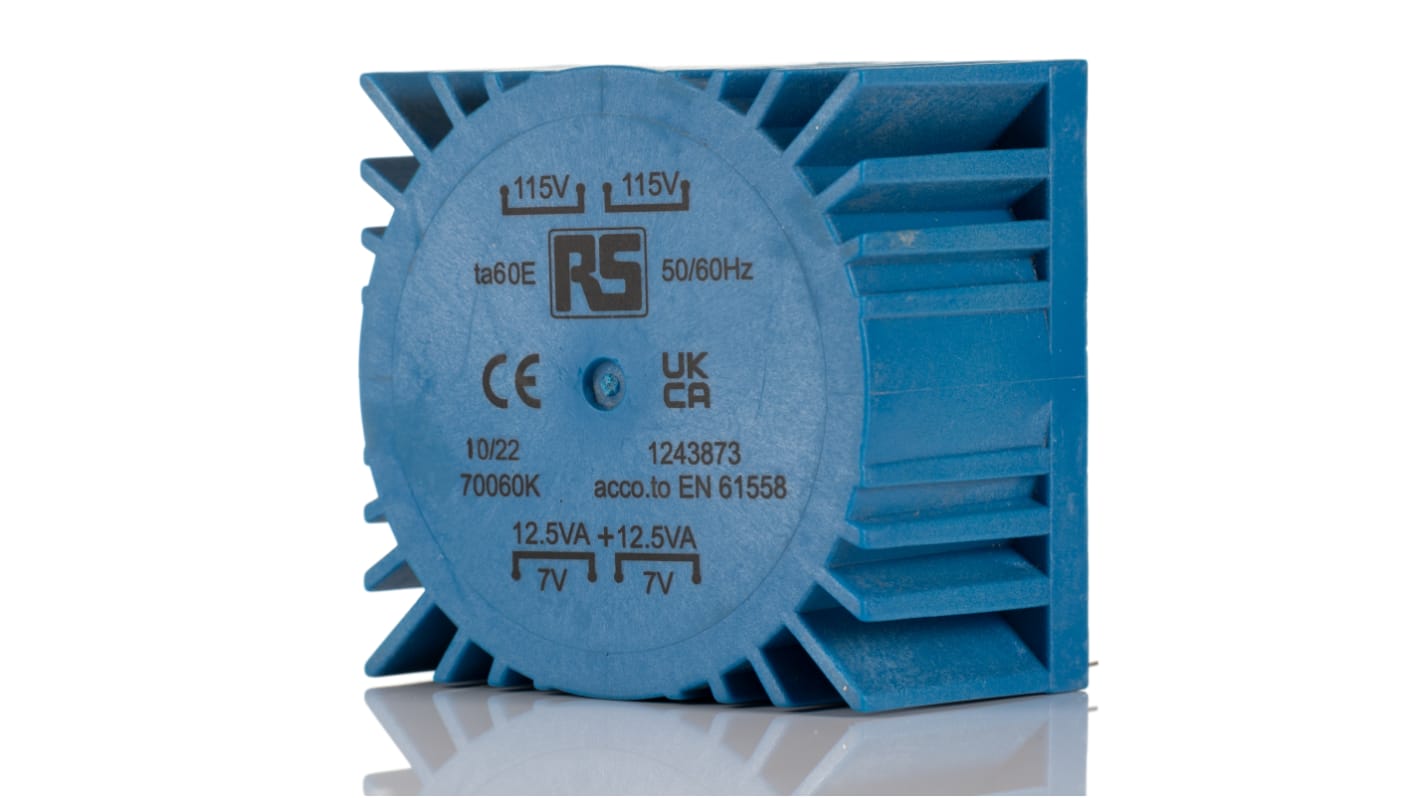 Transformateur torique RS PRO, 2 x 115V c.a. → 2 x 7V, 25VA