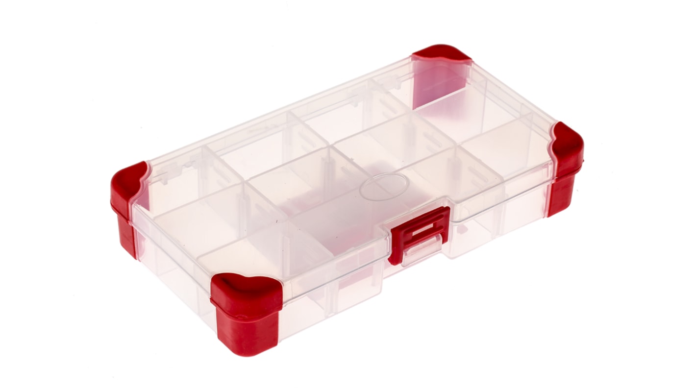 RS PRO 12 Cell Transparent Red Polypropylene, Adjustable Compartment Box, 30mm x 170mm x 100mm