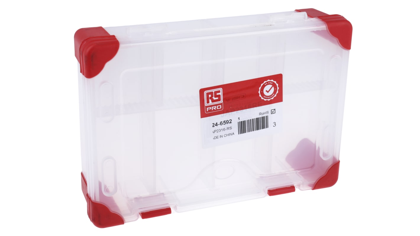 RS PRO 9 Cell Transparent Red Polypropylene, Adjustable Compartment Box, 60mm x 240mm x 170mm