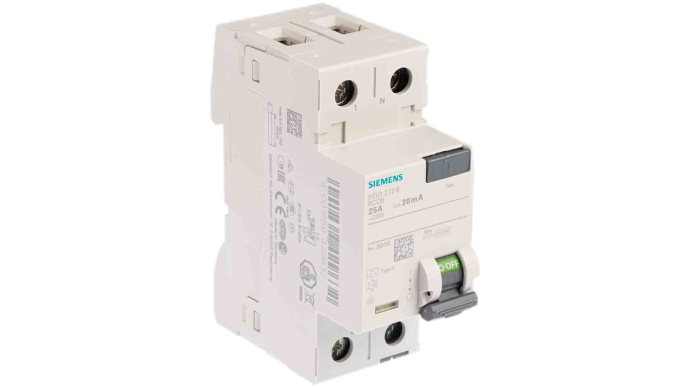 Interrupteur différentiel Siemens 5SV3, 2 Pôles, 25A, 30mA, Type A