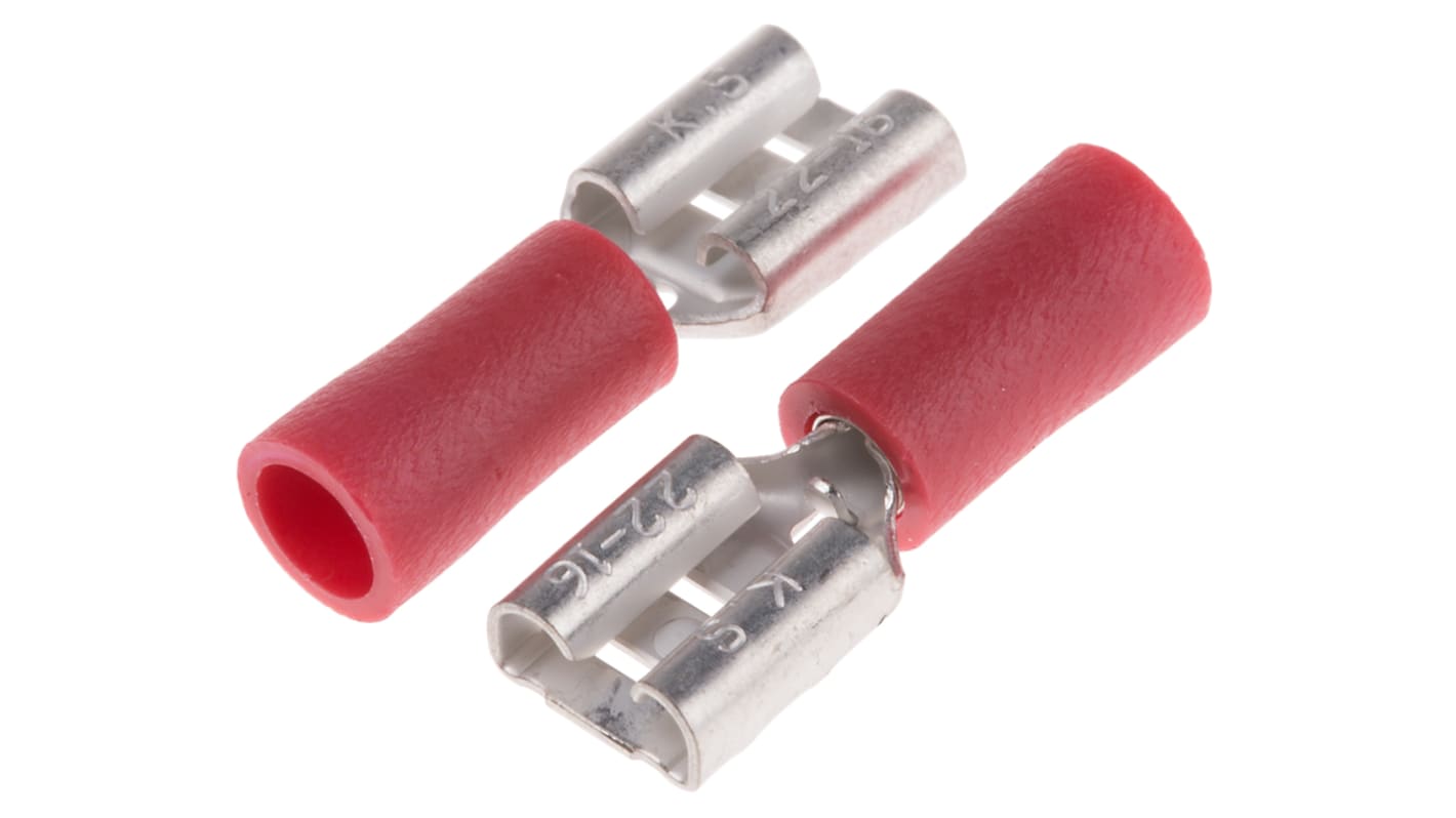 RS PRO Flachsteckhülse, Rot, Isoliert, 6.35 x 0.8mm, Buchse, 0.5mm² - 1.5mm², 22AWG min