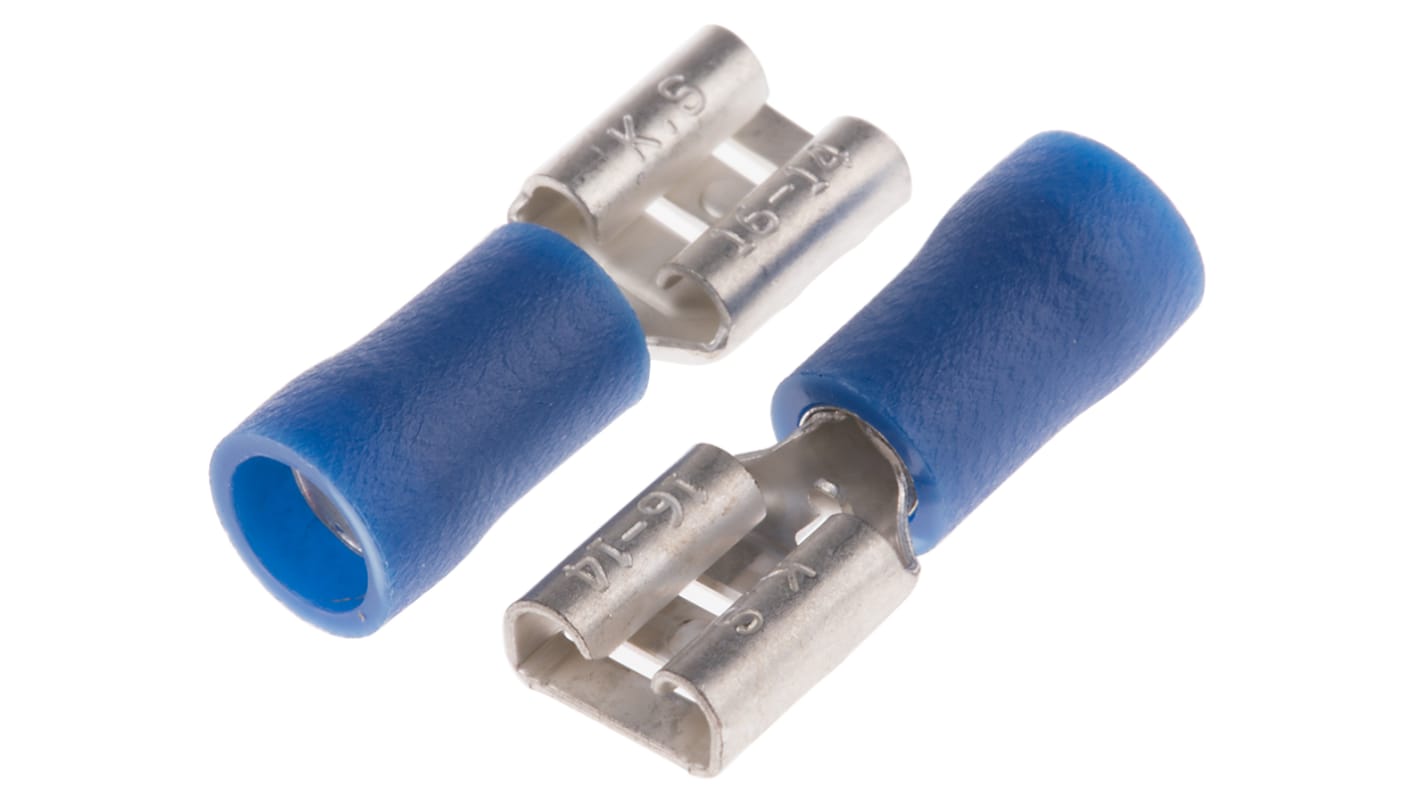 RS PRO Blue Insulated Female Spade Connector, Double Crimp, 6.35 x 0.8mm Tab Size, 1.5mm² to 2.5mm²