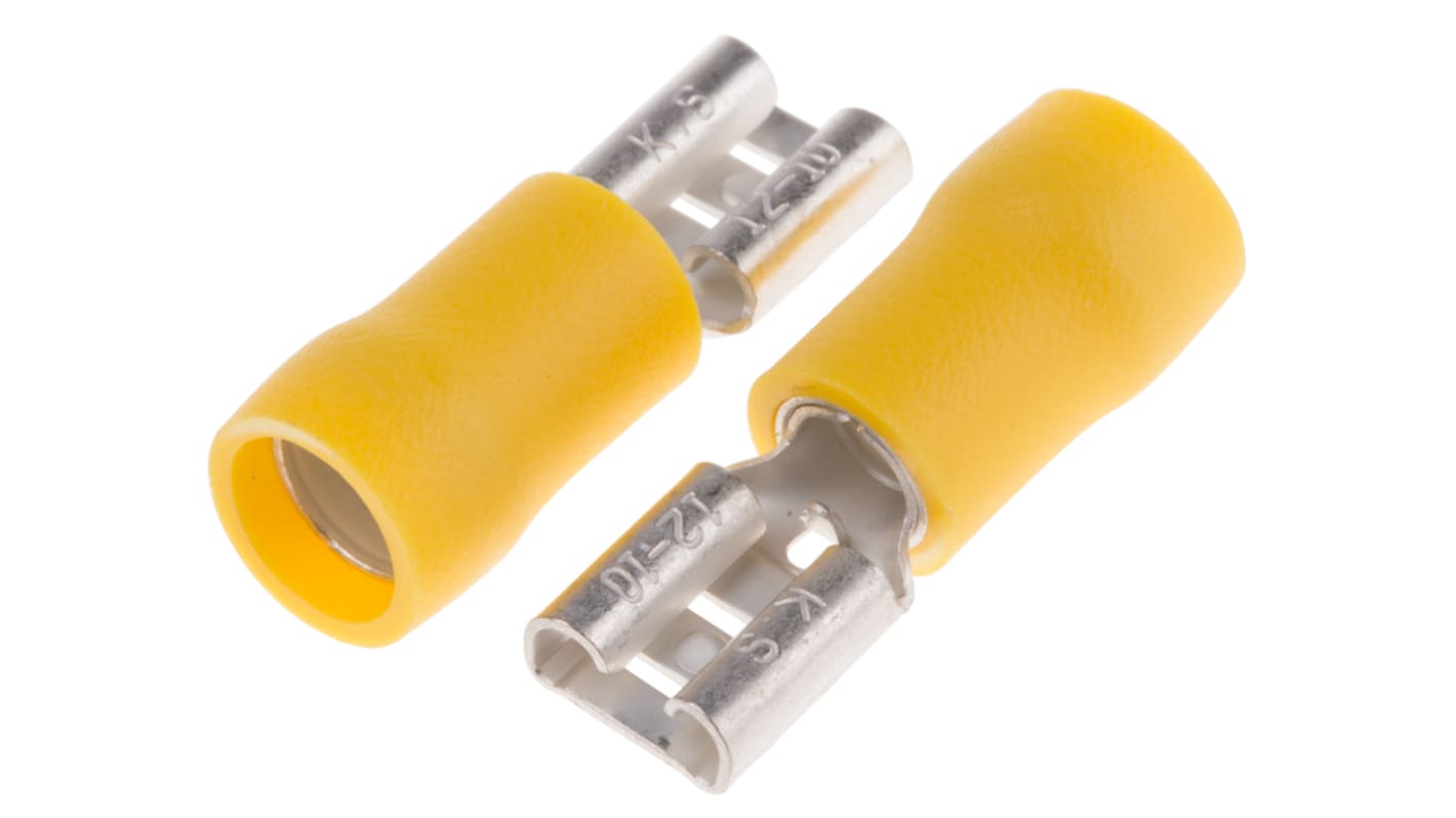 Krimpovací zásuvka, pokovení: Cín, max. AWG: 10AWG, min. AWG: 12AWG, 4mm² - 6mm² Žlutá izolovaná, 6.35 x 0.8mm RS PRO