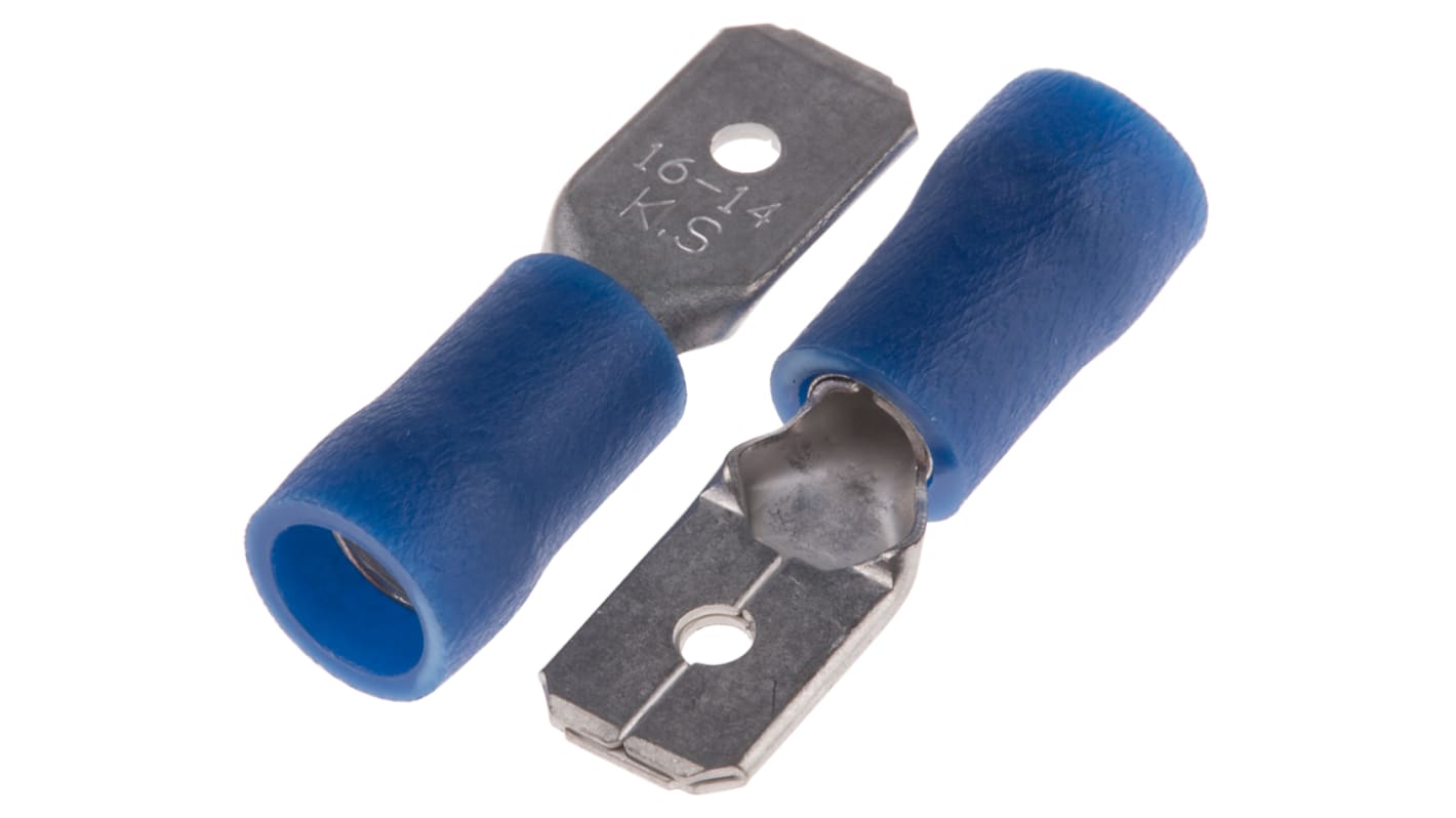 RS PRO Blue Insulated Male Spade Connector, Tab, 6.35 x 0.8mm Tab Size, 1.5mm² to 2.5mm²