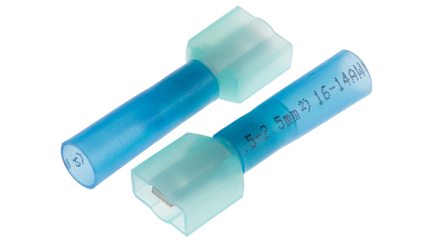 RS PRO Blue Insulated Male Spade Connector, Heat Shrinkable, 6.35 x 0.8mm Tab Size, 1.5mm² to 2.5mm²