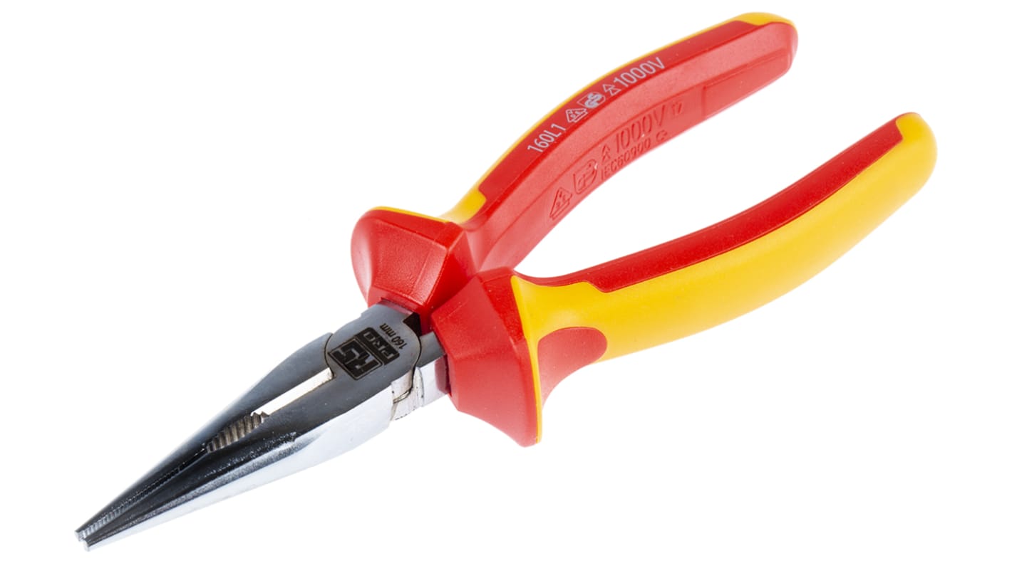 RS PRO Long Nose Pliers, 160 mm Overall, Straight Tip, VDE/1000V, 50