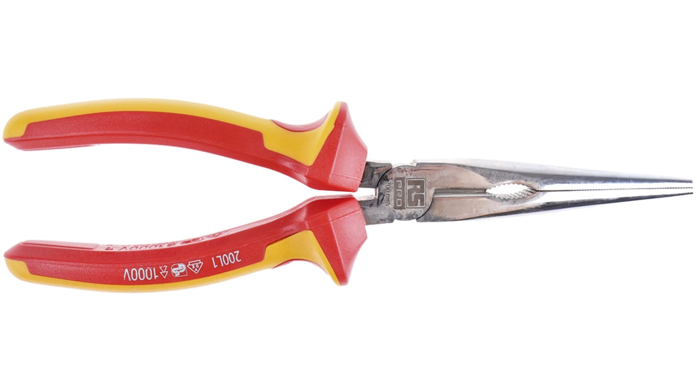 RS PRO Long Nose Pliers, 200 mm Overall, Straight Tip, VDE/1000V, 74mm Jaw