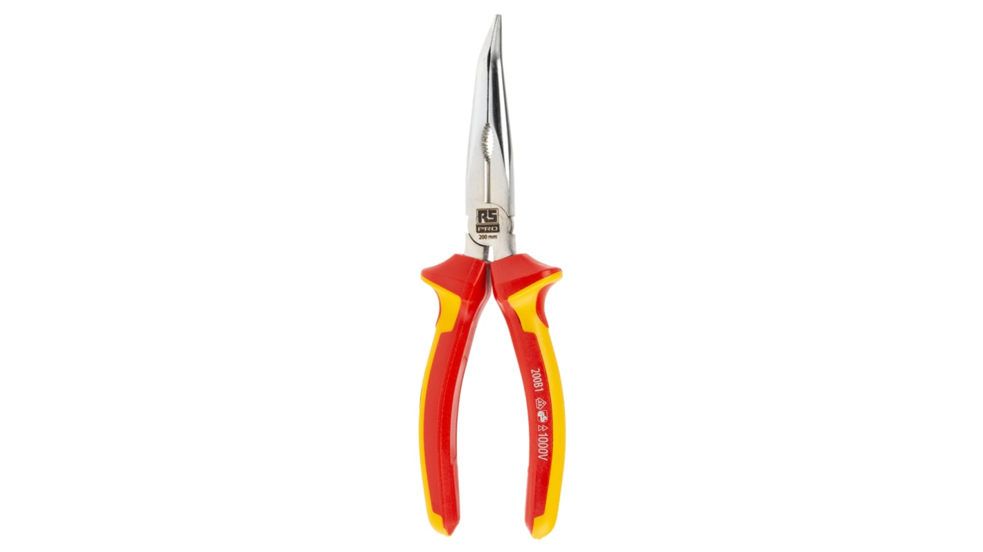 RS PRO Long Nose Pliers, 200 mm Overall, Straight Tip, VDE/1000V, 72mm Jaw