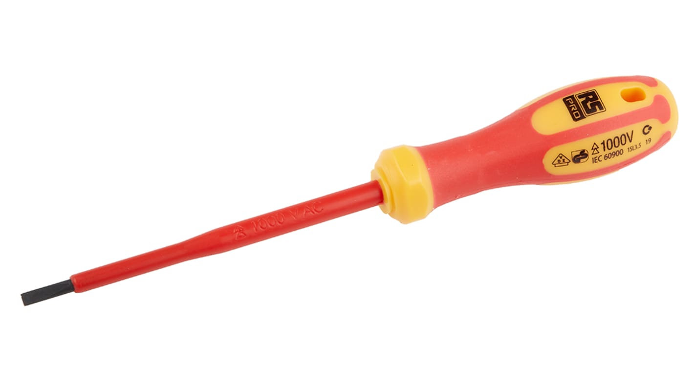 RS PRO Slotted Insulated Screwdriver, 3.5 x 0.6 mm Tip, 100 mm Blade, VDE/1000V, 190 mm Overall