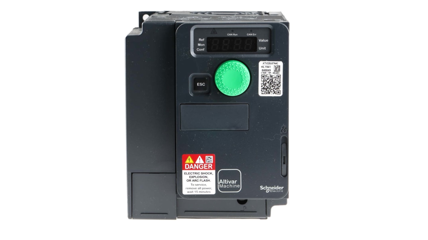 Variador de velocidad Schneider Electric serie ATV320, 0,75 kW, 400 V ac, 3 fases, 3,6 A, 0.1 → 599Hz, IP20,